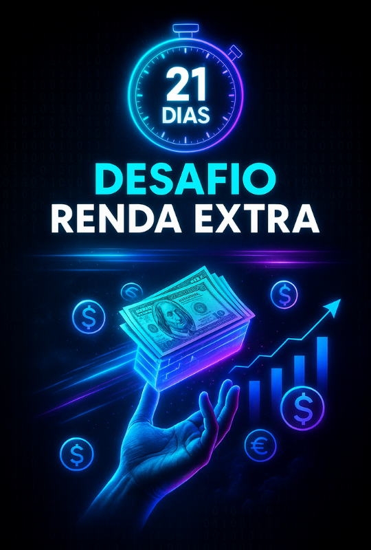 Capa do Desafio Renda Extra: mão segurando carteira digital com gráficos de crescimento.