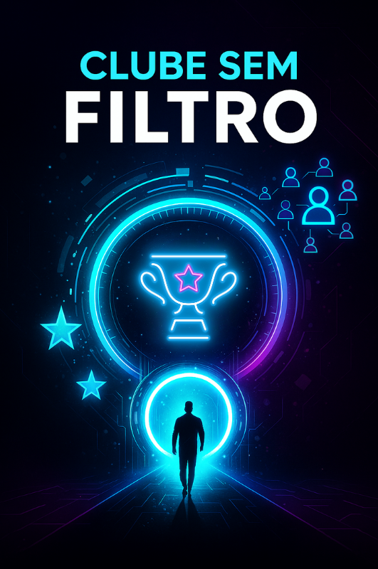 Capa do Clube Sem Filtro: portal futurista com silhueta humana e partículas de luz.