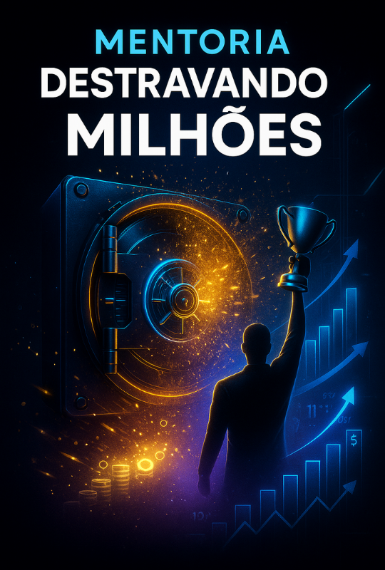 Capa da Mentoria Destravando Milhões: cofre digital se abrindo com partículas douradas.