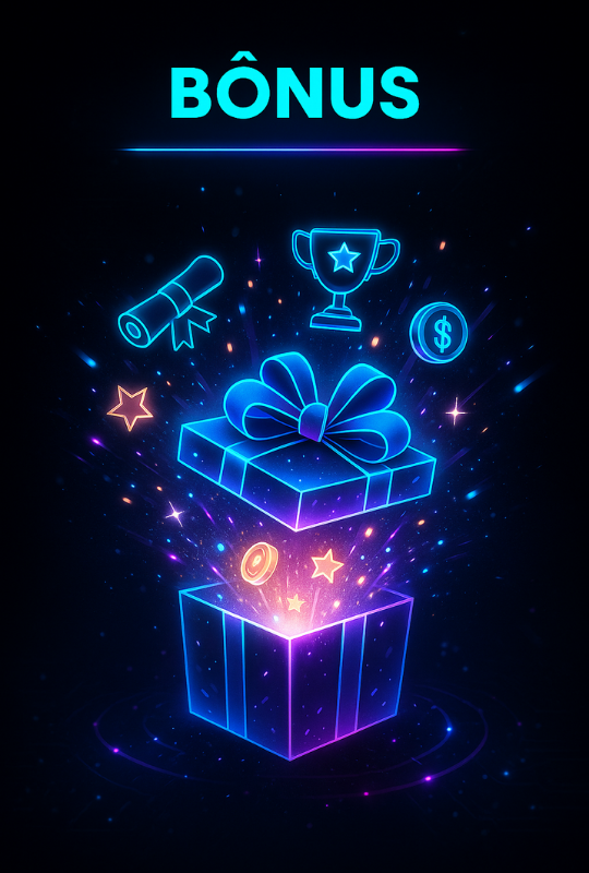 Capa do Bônus: caixa futurista flutuante com faíscas de luz e ícones digitais.